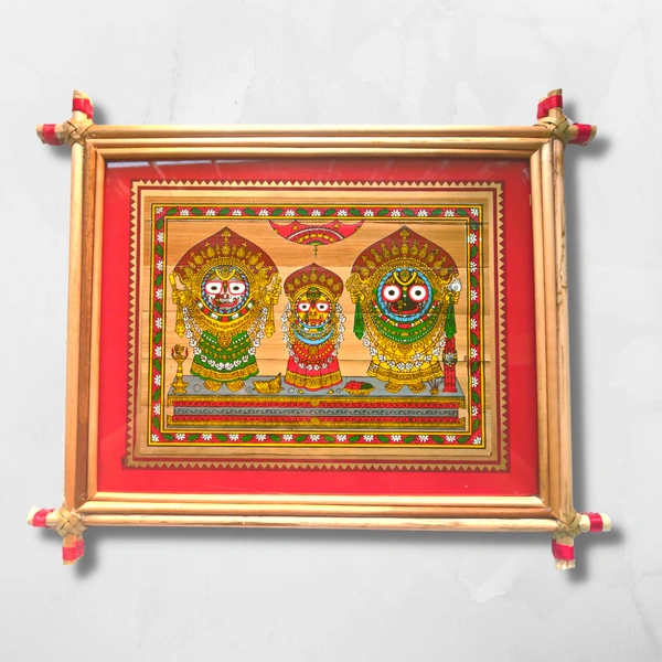 Handprinted Palm Leaf Painting of Lord Jagannath, Balabhadra & Goddess Subhadra - 0.5 in, 9 in, 6 in