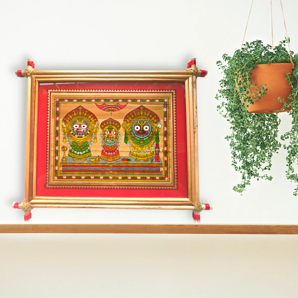 Handprinted Palm Leaf Painting of Lord Jagannath, Balabhadra & Goddess Subhadra - 0.5 in, 9 in, 6 in