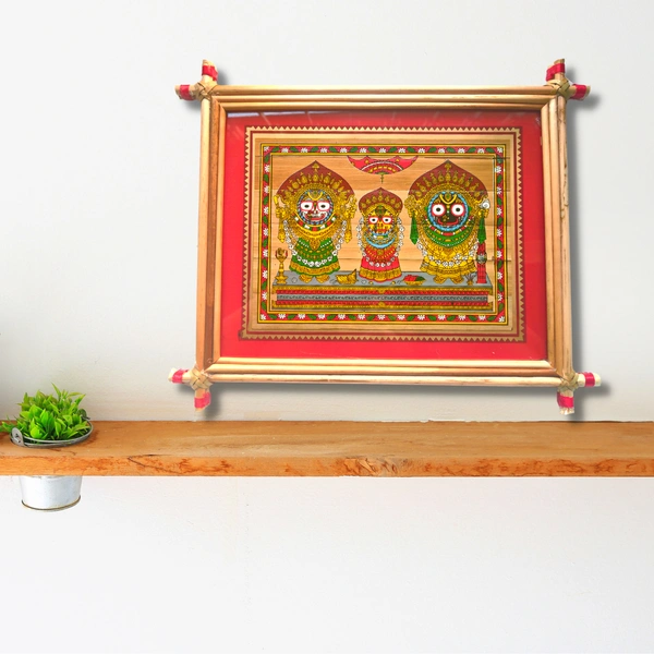 Handprinted Palm Leaf Painting of Lord Jagannath, Balabhadra & Goddess Subhadra - 0.5 in, 9 in, 6 in