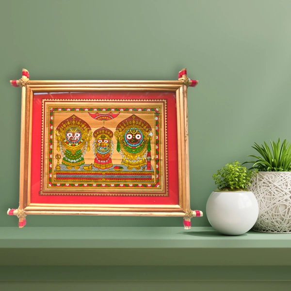 Handprinted Palm Leaf Painting of Lord Jagannath, Balabhadra & Goddess Subhadra - 0.5 in, 9 in, 6 in