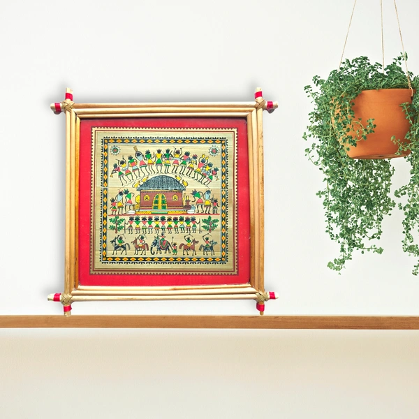 Handprinted Palm Leaf Saura Painting Frame - 0.5 in, 10 in, 10 in