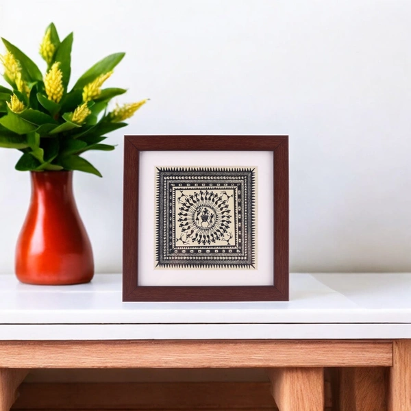 Hand-Printed Saura Tribal Tabletop Painting on Tussar Silk | 6.5 X 6.5 inches - 0.5 in, 6.5 in, 6.5 in