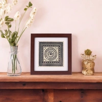Hand-Printed Saura Tribal Tabletop Painting on Tussar Silk | 6.5 X 6.5 inches - 0.5 in, 6.5 in, 6.5 in