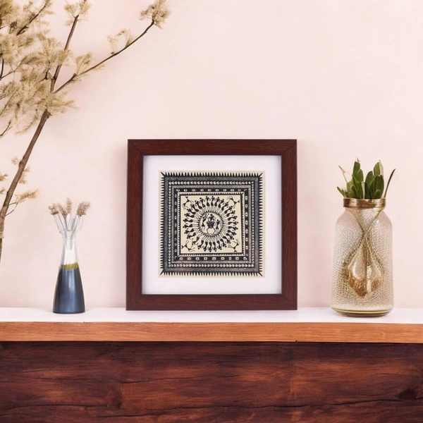 Hand-Printed Saura Tribal Tabletop Painting on Tussar Silk | 6.5 X 6.5 inches - 0.5 in, 6.5 in, 6.5 in