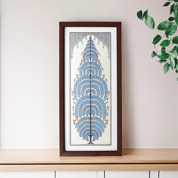 Indian Pattachitra Tree of Life on Tussar Silk | Handprinted Painting - 0.5 in, 9 in, 19 in