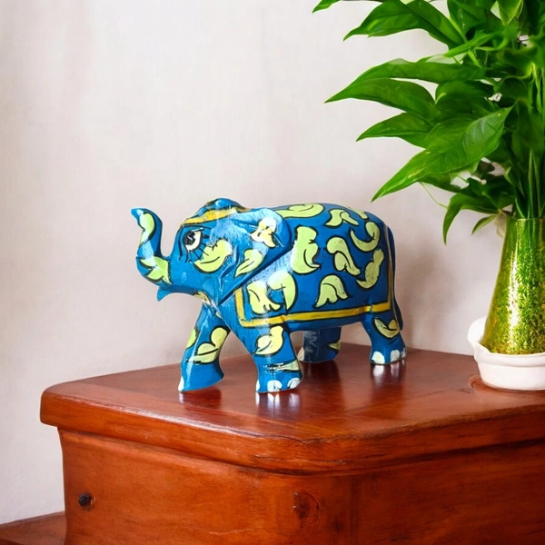 Jaipur Blue Pottery Wooden Elephant | Handcrafted decor (Blue) - 3 in, 2 in, 3 in