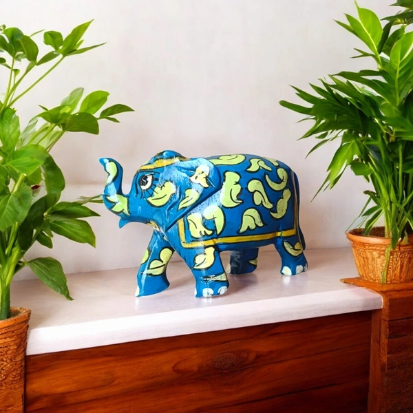 Jaipur Blue Pottery Wooden Elephant | Handcrafted decor (Blue) - 3 in, 2 in, 3 in