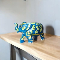 Jaipur Blue Pottery Wooden Elephant | Handcrafted decor (Blue) - 3 in, 2 in, 3 in