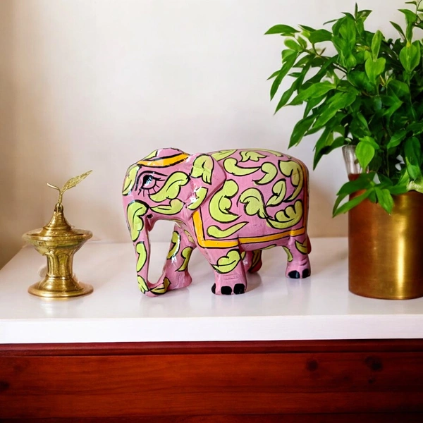 Jaipur Blue Pottery Wooden Elephant | Handcrafted decor (Pink) - 3 in, 2 in, 3 in