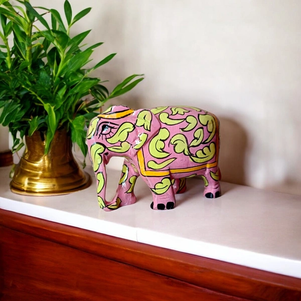 Jaipur Blue Pottery Wooden Elephant | Handcrafted decor (Pink) - 3 in, 2 in, 3 in