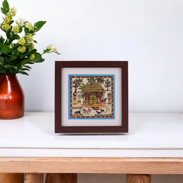 Saura Tribal Tabletop Painting on Tussar Silk Cloth | 7 X 7 inches - 7 in, 7 in, 0.5 in