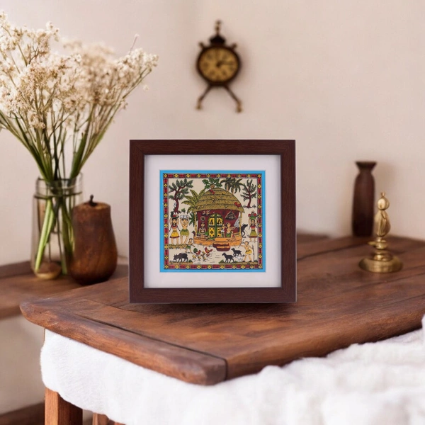 Saura Tribal Tabletop Painting on Tussar Silk Cloth | 7 X 7 inches - 7 in, 7 in, 0.5 in