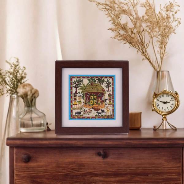 Saura Tribal Tabletop Painting on Tussar Silk Cloth | 7 X 7 inches - 7 in, 7 in, 0.5 in