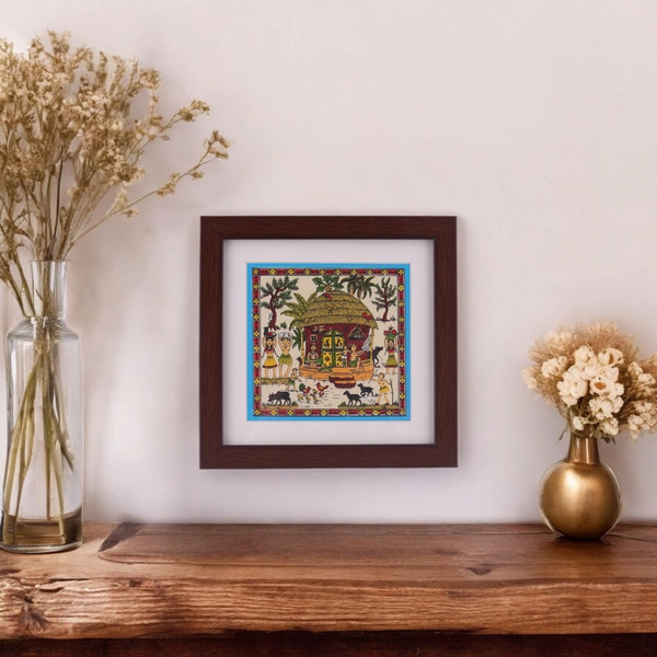 Saura Tribal Tabletop Painting on Tussar Silk Cloth | 7 X 7 inches - 7 in, 7 in, 0.5 in