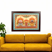Suna Besha of Lord Jagannath, Balabhadra, and Subhadra Pattachitra Painting on Tussar Silk (11 X 17 Inches) - 0.5 in, 17 in, 11 in