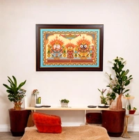 Suna Besha of Lord Jagannath, Balabhadra, and Subhadra Pattachitra Painting on Tussar Silk (11 X 17 Inches) - 0.5 in, 17 in, 11 in