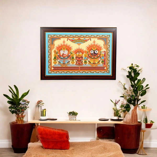 Suna Besha of Lord Jagannath, Balabhadra, and Subhadra Pattachitra Painting on Tussar Silk (11 X 17 Inches) - 0.5 in, 17 in, 11 in