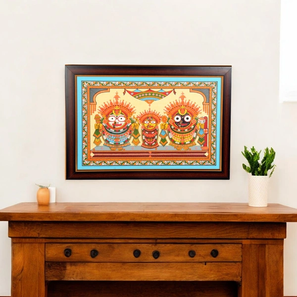Suna Besha of Lord Jagannath, Balabhadra, and Subhadra Pattachitra Painting on Tussar Silk (11 X 17 Inches) - 0.5 in, 17 in, 11 in