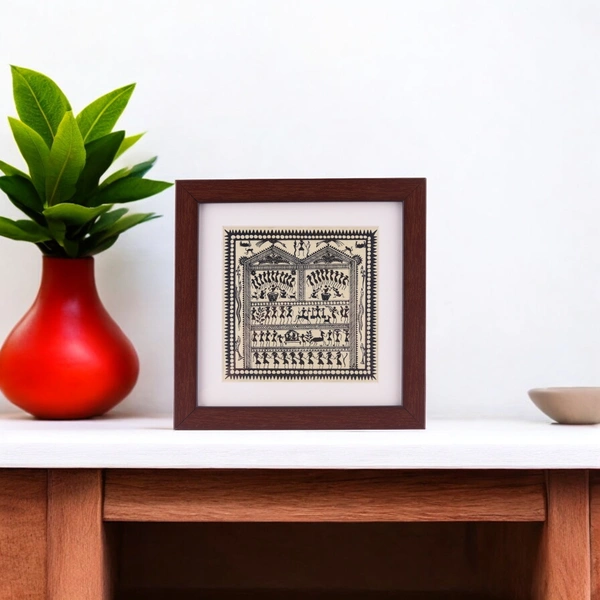 Traditional Saura Tribal Tabletop Painting on Tussar Silk | 6.5 X 6.5 inches - 0.5 in, 6.5 in, 6.5 in