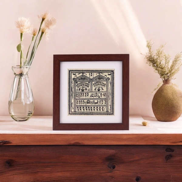 Traditional Saura Tribal Tabletop Painting on Tussar Silk | 6.5 X 6.5 inches - 0.5 in, 6.5 in, 6.5 in