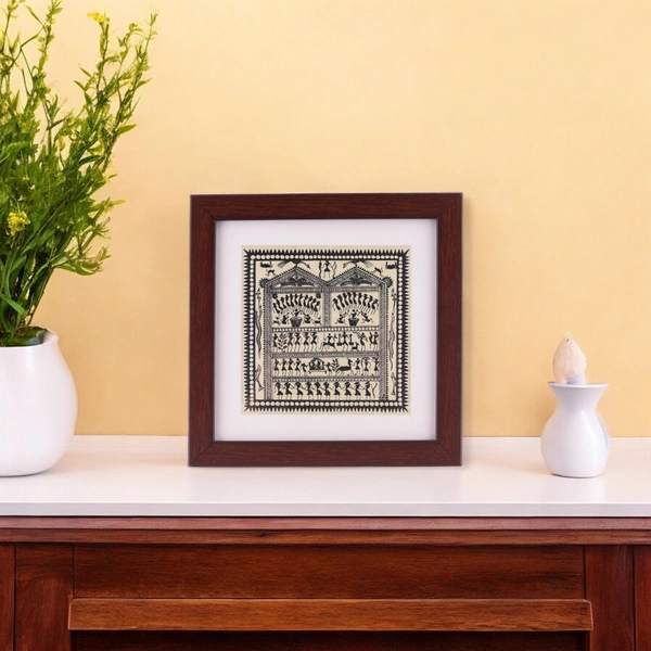 Traditional Saura Tribal Tabletop Painting on Tussar Silk | 6.5 X 6.5 inches - 0.5 in, 6.5 in, 6.5 in