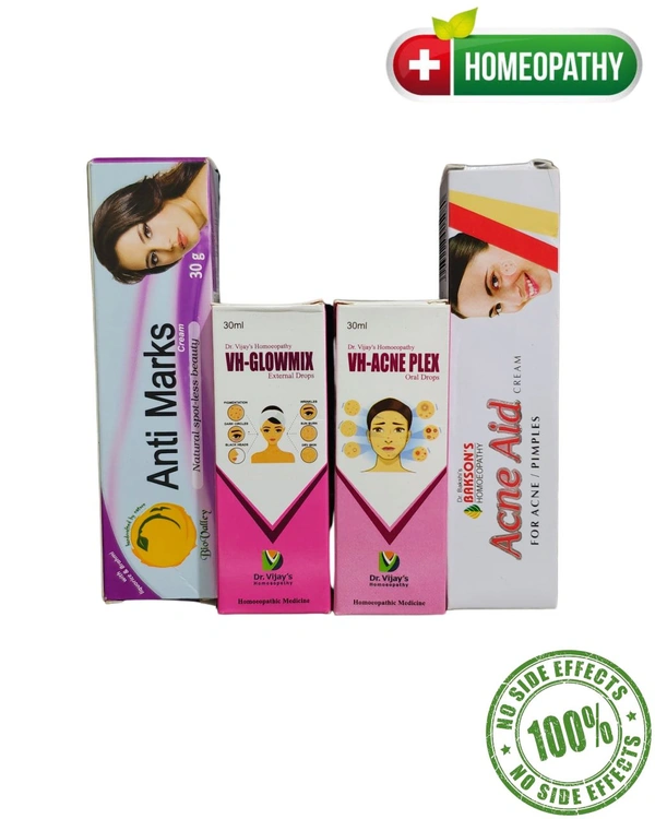 🌿 Homeopathic Skin Care Combo – 100% Safe, Gentle & Effective 🌿 Set Of 4 (Anti Marks Cream, VH-GLOWMIX external Liquid, VH-GLOWMIX Internal Liquid, Acne Aid Cream)