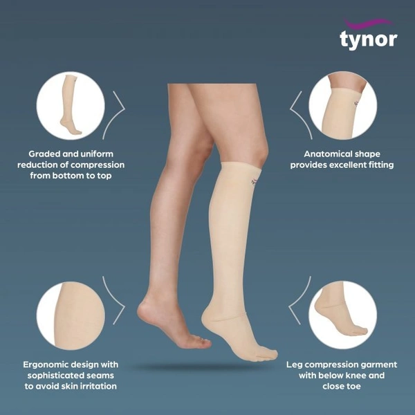 TYNOR COMPRESSION GARMENT LEG BELOW KNEE CLOSED TOE, BEIGE, 1 PAIR - XL