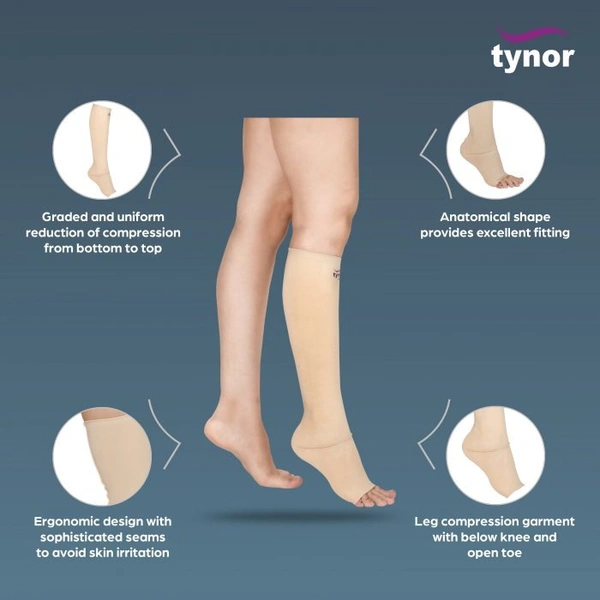 TYNOR COMPRESSION GARMENT LEG BELOW KNEE OPEN TOE, BEIGE, 1 PAIR - M