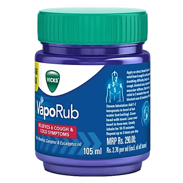 Vicks Vaporub Balm with Menthol, Camphor & Eucalyptus Oil | Relieves 6 Symptoms of Cough & Cold | Goodness of Ayurveda - 50 ml