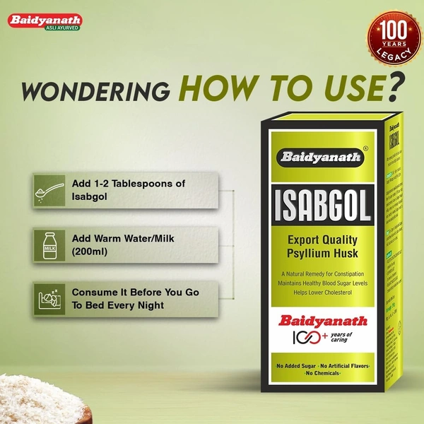 Baidyanath Isabgol - Psyllium Husk Powder - 200gm | Effectively Relieves Constipation | Fibre Supplement For Digestion - 200 gm