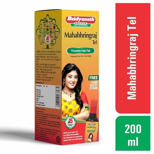 Baidyanath Asli Ayurved Maha Bhringraj Hair Oil - 200 ml | Mahabhringraj Tel | 100% Ayurvedic Oil with Free Hair Root Comb - 200 ml