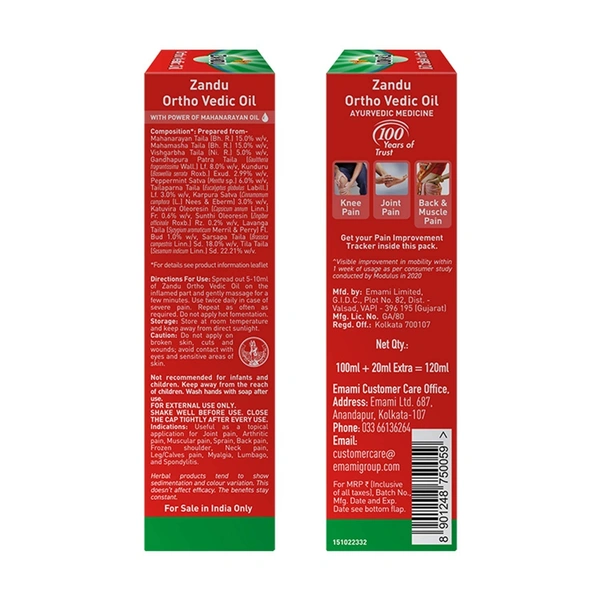 Zandu Ortho Vedic Oil | Ayurvedic Oil for Relief from Knee and Joint Pain,Muscle Pain, Osteoarthritis Visible Improvement in 7 days - 120ml