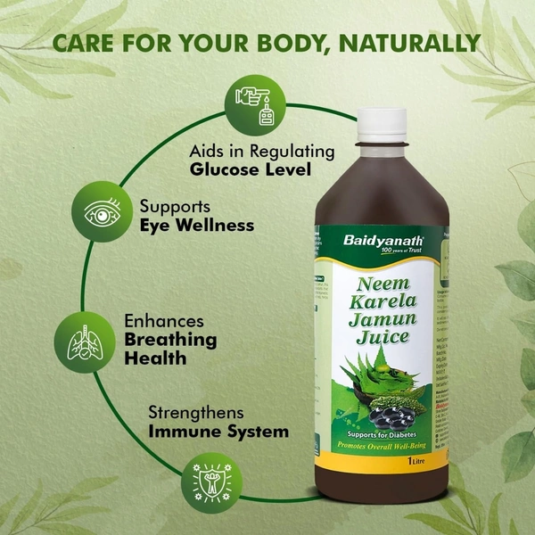 Baidyanath Neem Karela Jamun Juice -1000ml | Natural Remedy for Blood Sugar Management & Reduces Bad Cholesterol | Best For Digestive Health, Diabetic Care, Skin Care & Natural Detox | No Added Sugar - 1 Ltr.