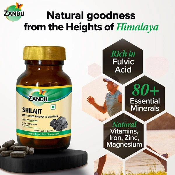 Zandu Shilajit Capsules (60 Caps) Infused with Goodness of Natural Shilajit Extracts for Enhanced Energy & Strength in Men, Manages Stress, Immunity Booster - 60 Caps