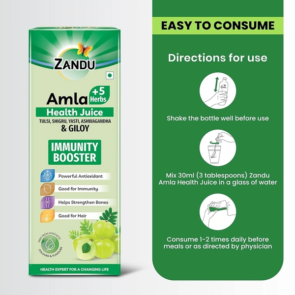 Zandu   Zandu Amla + 5 Herbs Health Juice | Ayurvedic Immunity Booster | Powerful Antioxidant | Good for Bones and Hair |No Added Sugar (1000ml) - 1000ml