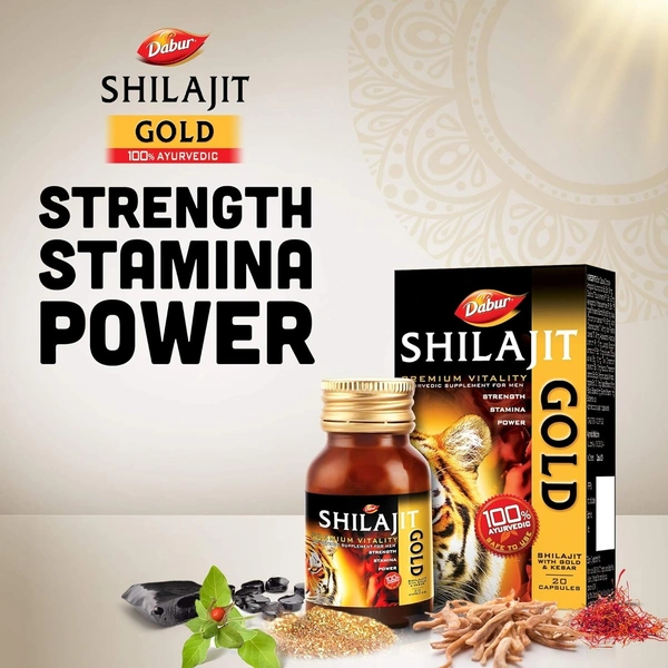 Dabur DABUR Shilajit Gold - 20 Capsules | 100% Ayurvedic Capsules for Strength , Stamina and Power | Premium Ayurvedic Supplement | For Men - 20 Capsules