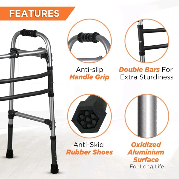 VISSCO Dura Max Walker (Aluminium) | Foldable Walking Aid | Adjustable Height | Light Weight | With Premium Grade Rubber Shoes and PVC Grip (Grey)