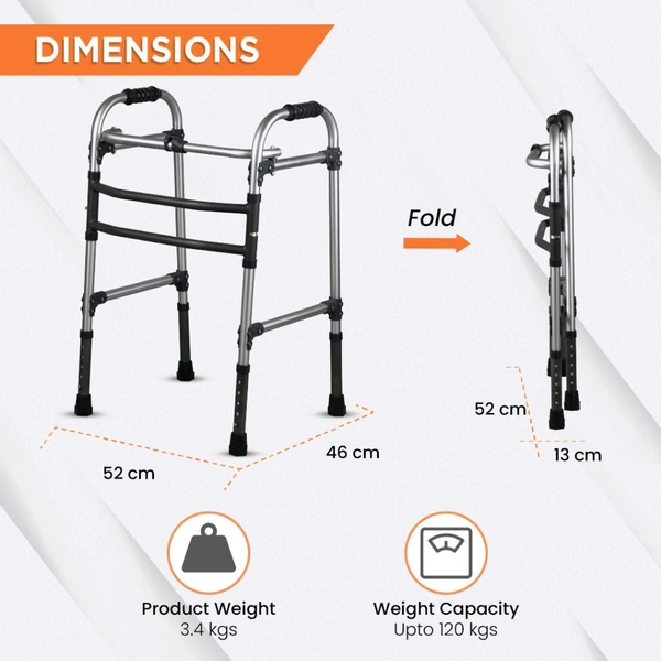 VISSCO Dura Max Walker (Aluminium) | Foldable Walking Aid | Adjustable Height | Light Weight | With Premium Grade Rubber Shoes and PVC Grip (Grey)