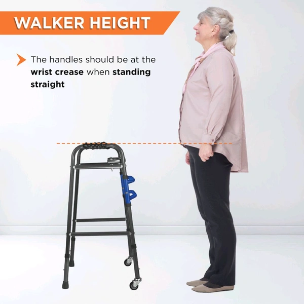 Medipedic Walker with Rotating Castor - Double Bar for Physically Challenged | Mild Steel | Foldable | Light Weight & Adjustable Height (Grey)