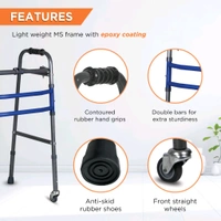 Medipedic Walker with Rotating Castor - Double Bar for Physically Challenged | Mild Steel | Foldable | Light Weight & Adjustable Height (Grey)