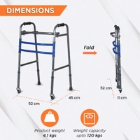 Medipedic Walker with Rotating Castor - Double Bar for Physically Challenged | Mild Steel | Foldable | Light Weight & Adjustable Height (Grey)