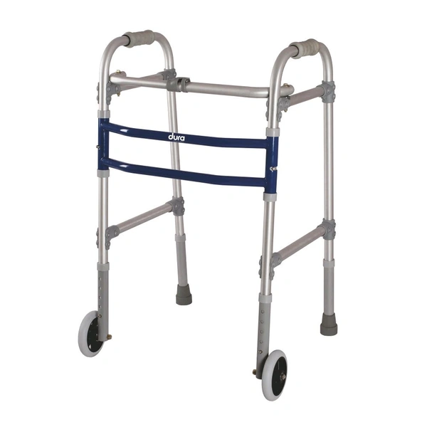 Dura Max Walker (Aluminium) With Straight Wheel for Elderly & Physically Challenged | Foldable |Light Weight & Adjustable Height (Grey)
