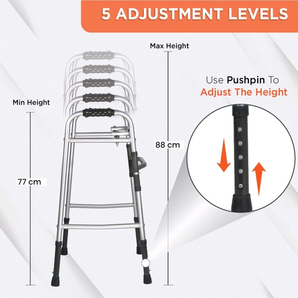 Dura Lite Walker (Aluminium) | Foldable Walking Aid | Adjustable Height | Light Weight | With Premium Grade Rubber Shoes and PVC Grip (Grey)