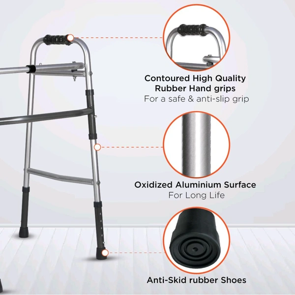 Dura Lite Walker (Aluminium) | Foldable Walking Aid | Adjustable Height | Light Weight | With Premium Grade Rubber Shoes and PVC Grip (Grey)