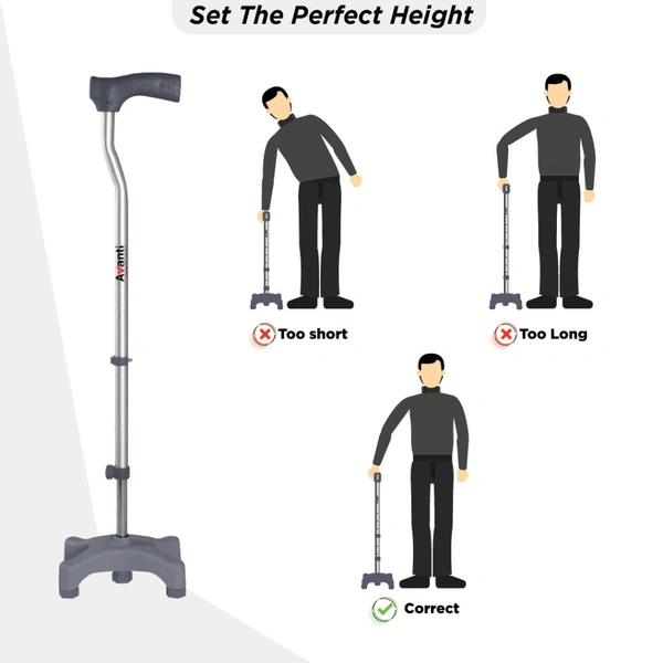 VISSCO Avanti L Shape Quadripod Stick | Walking Stick with Adjustable Height | Light Weight | 4 Legged Base (Grey)
