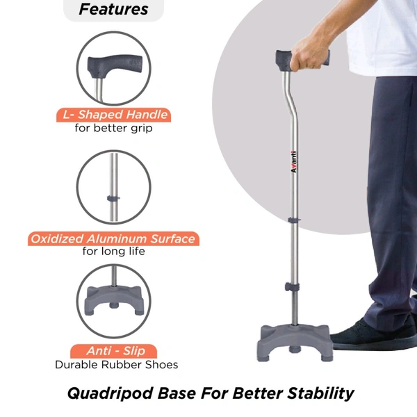 VISSCO Avanti L Shape Quadripod Stick | Walking Stick with Adjustable Height | Light Weight | 4 Legged Base (Grey)