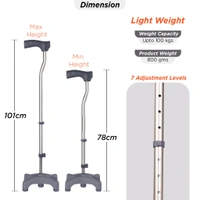 VISSCO Avanti L Shape Quadripod Stick | Walking Stick with Adjustable Height | Light Weight | 4 Legged Base (Grey)