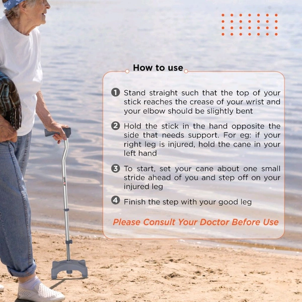 VISSCO Avanti L Shape Quadripod Stick | Walking Stick with Adjustable Height | Light Weight | 4 Legged Base (Grey)