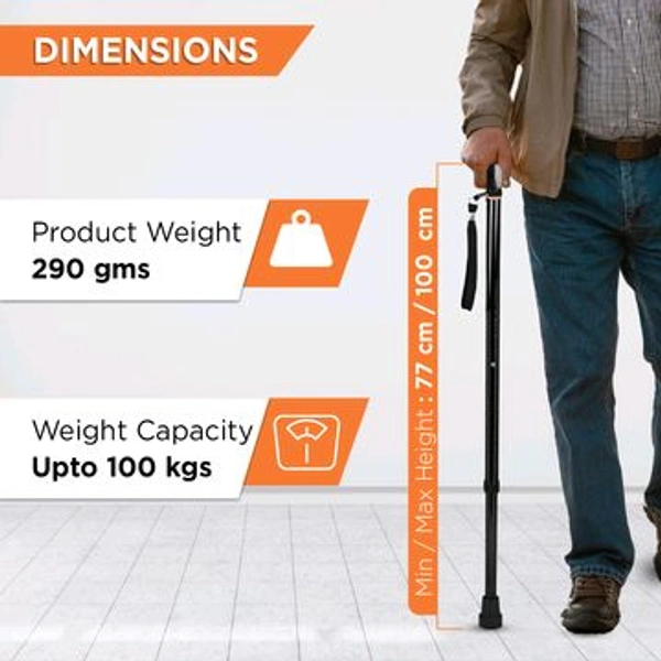 Avanti T Shape Aluminum Walking Stick|Light Weight & Height Adjustable Walking Aid|For Elderly & those Physically Challenged | Durable Soft Rubber Shoes for Grip - Universal