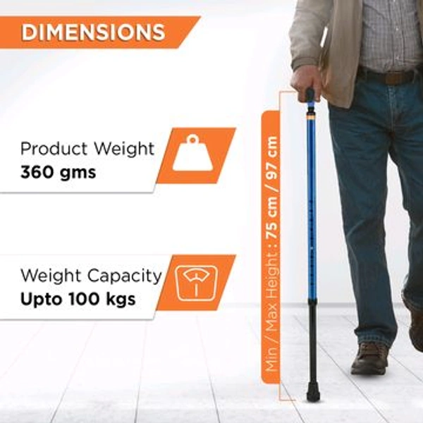 Avanti Plus - T Shape Aluminum Single Stick | Lightweight Walking Stick | Adjustable Height | Big Shoe for Better Grip